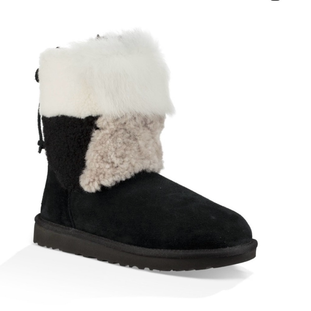 BNWOT UGGS Black with White and Gray Patch Fur, Lace Up in the Back Boots